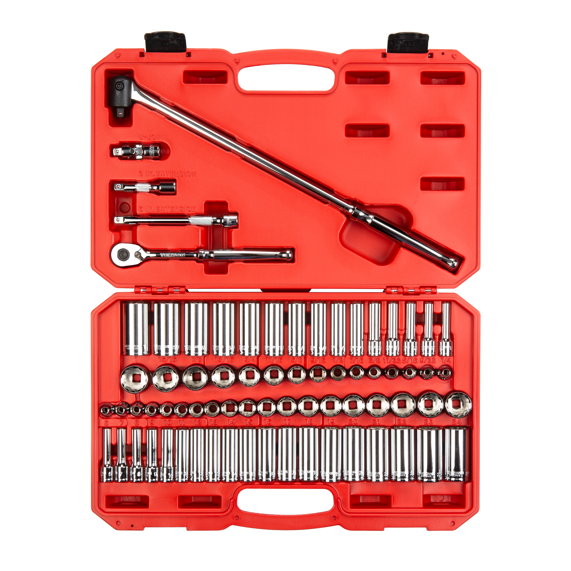 TEKTON 3/8 Inch Drive Shallow and Deep 12-Point Socket and Ratchet Set with Case, 73-Piece (1/4 - 1 in., 6 - 24 mm) | SKT15312